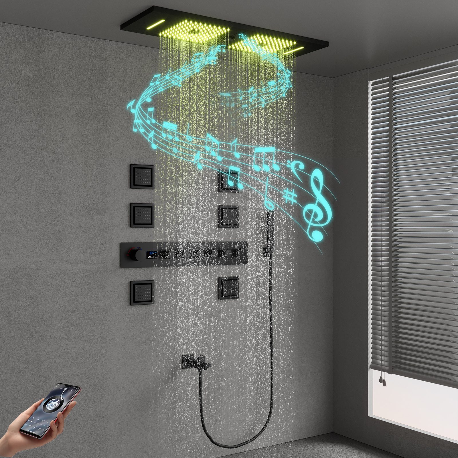 نظام صمام الدش LED للموسيقى باللون الأسود غير اللامع مقاس 900 × 300 مم مقسم إلى مجموعة دش مخفية
