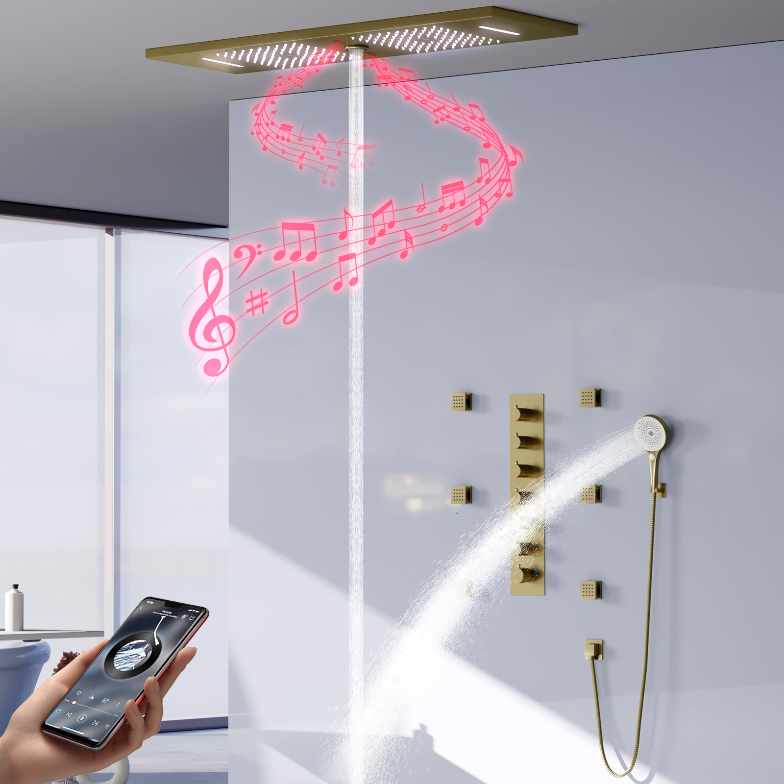 LED الحمام نحى الذهب رأس دش نظام دش المطر شلال نظام ثرموستاتي دش صنبور مجموعة