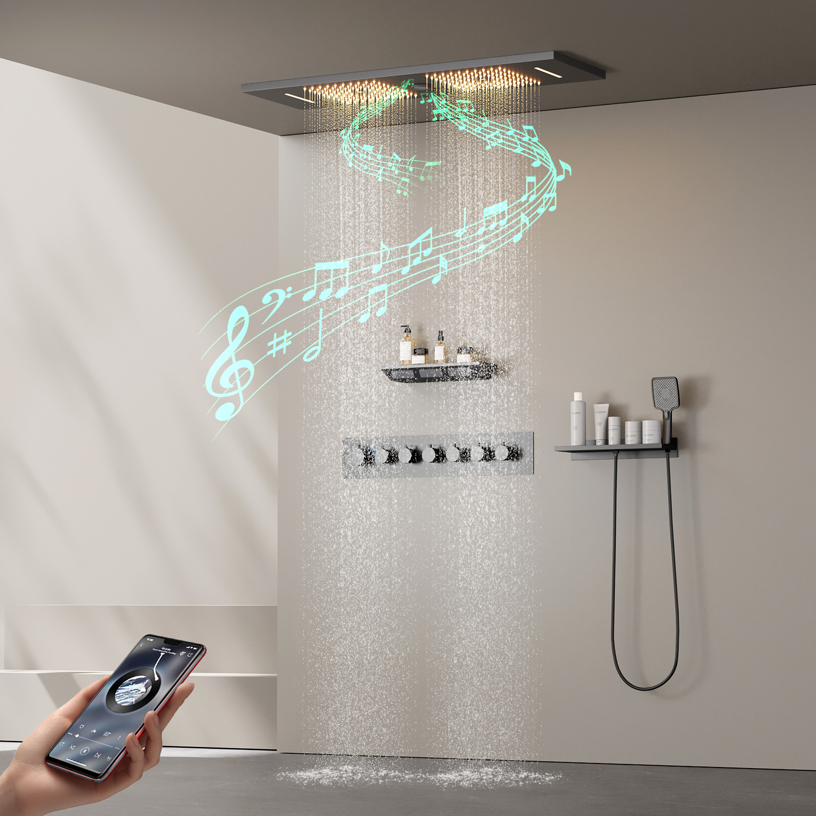 مجموعة رأس دش موسيقي LED رمادية اللون مثبتة على السقف، صنبور ترموستات لرذاذ المطر مع رأس دش جانبي