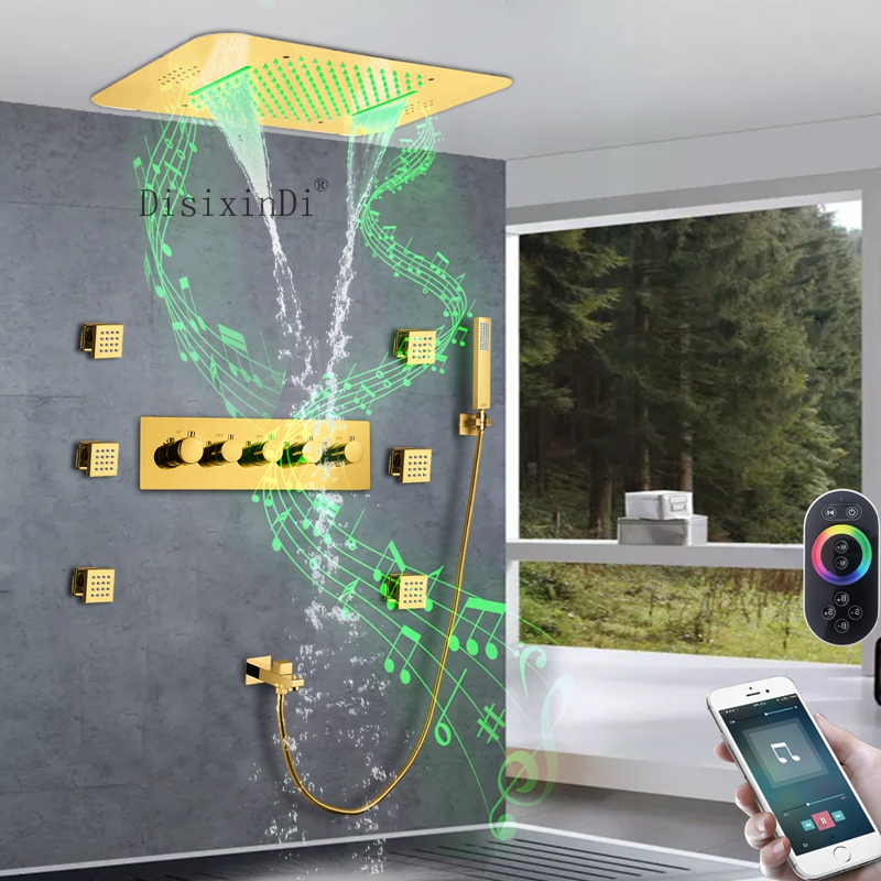 Ti Gold الحمام هطول الأمطار شلال LED صنبور دش ثرموستاتي مع دش الجسم جيت ورأس دش وظيفة الموسيقى