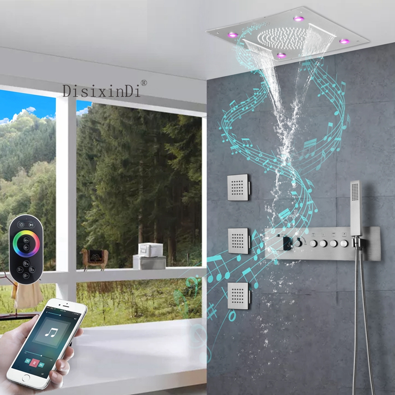 304 الفولاذ المقاوم للصدأ 400*400 مللي متر LED الموسيقى دش رئيس تضمين السقف زر ثرموستاتي الجسم الرئيسي الحمام دش صنبور مجموعة