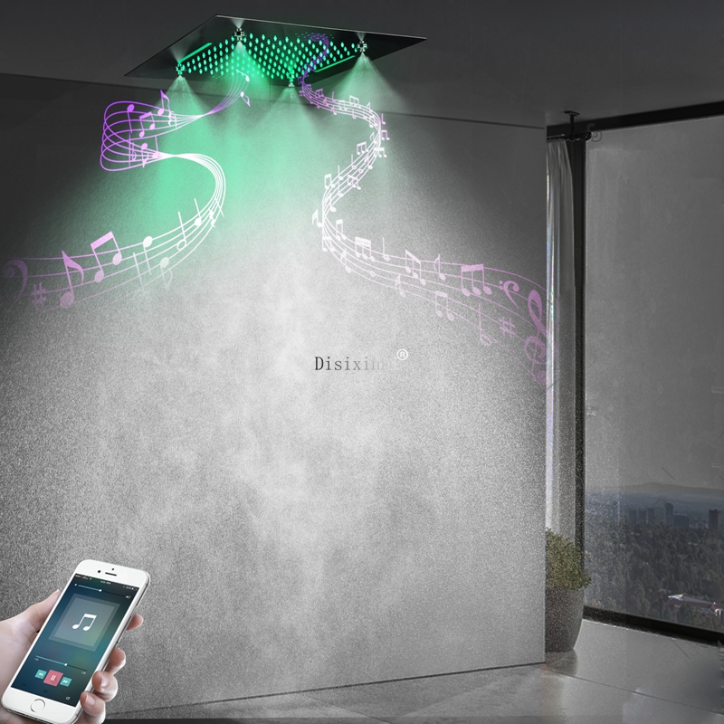 رأس دش LED مصقول بالكروم مع مكبر صوت للموسيقى مطر ضبابي ودش شلال 20 بوصة رأس دش مدمج بالسقف