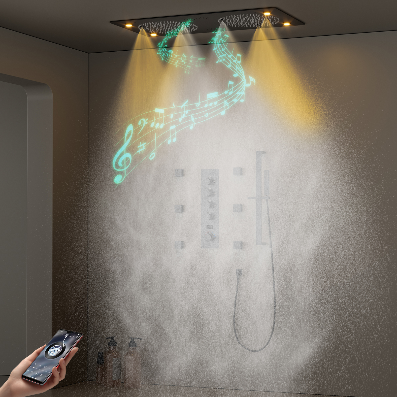 الحديثة متعددة الوظائف 62x32 سنتيمتر الحمام الأسود LED الموسيقى دش ثرموستاتي دش المطر مجموعة دش الذكية