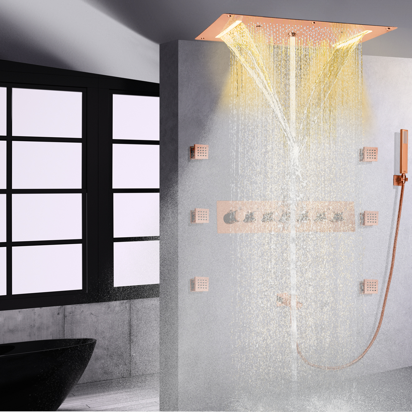 خلاط دش حمام فاخر باللون الذهبي الوردي LED حمام ثرموستاتي عالي التدفق دش شلال هطول الأمطار
