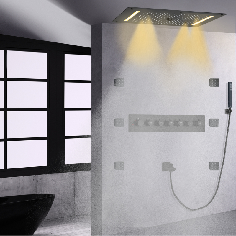 نظام دش أسود غير لامع 70 × 38 سم LED مجموعة دش ترموستاتي متعدد الوظائف للحمام مع جهاز محمول باليد
