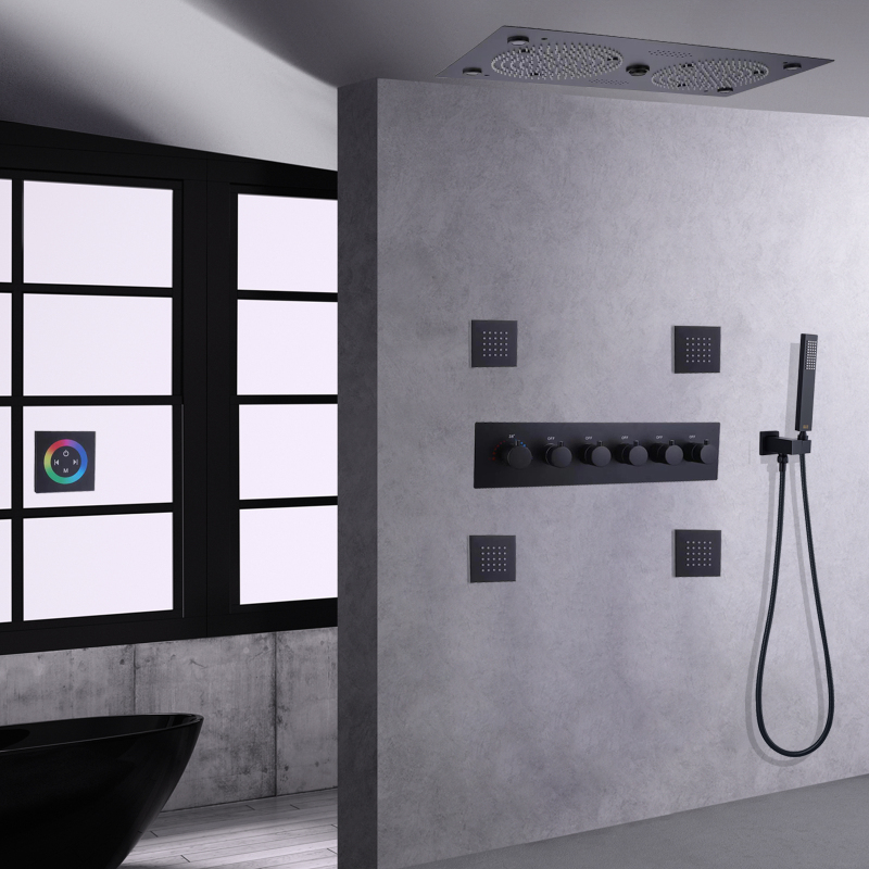 خلاط دش ثرموستاتي أسود غير لامع 620 * 320 مم LED للحمام مع ميزات الموسيقى مجموعة نظام الدش مع جهاز محمول باليد