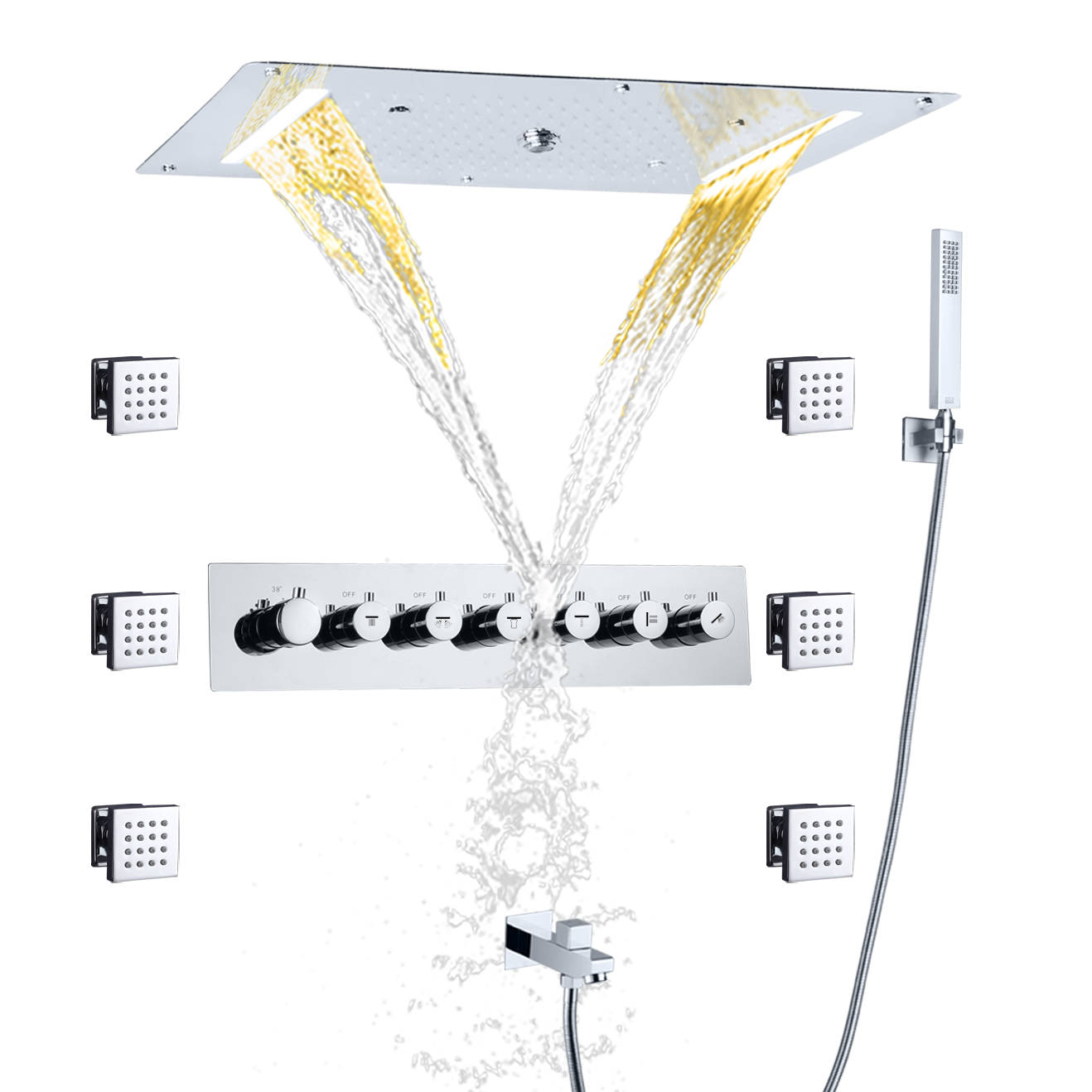 الكروم المصقول دش ثرموستاتي صنبور مجموعة ارتفاع تدفق LED سقف الحمام ضباب المطر الشلال