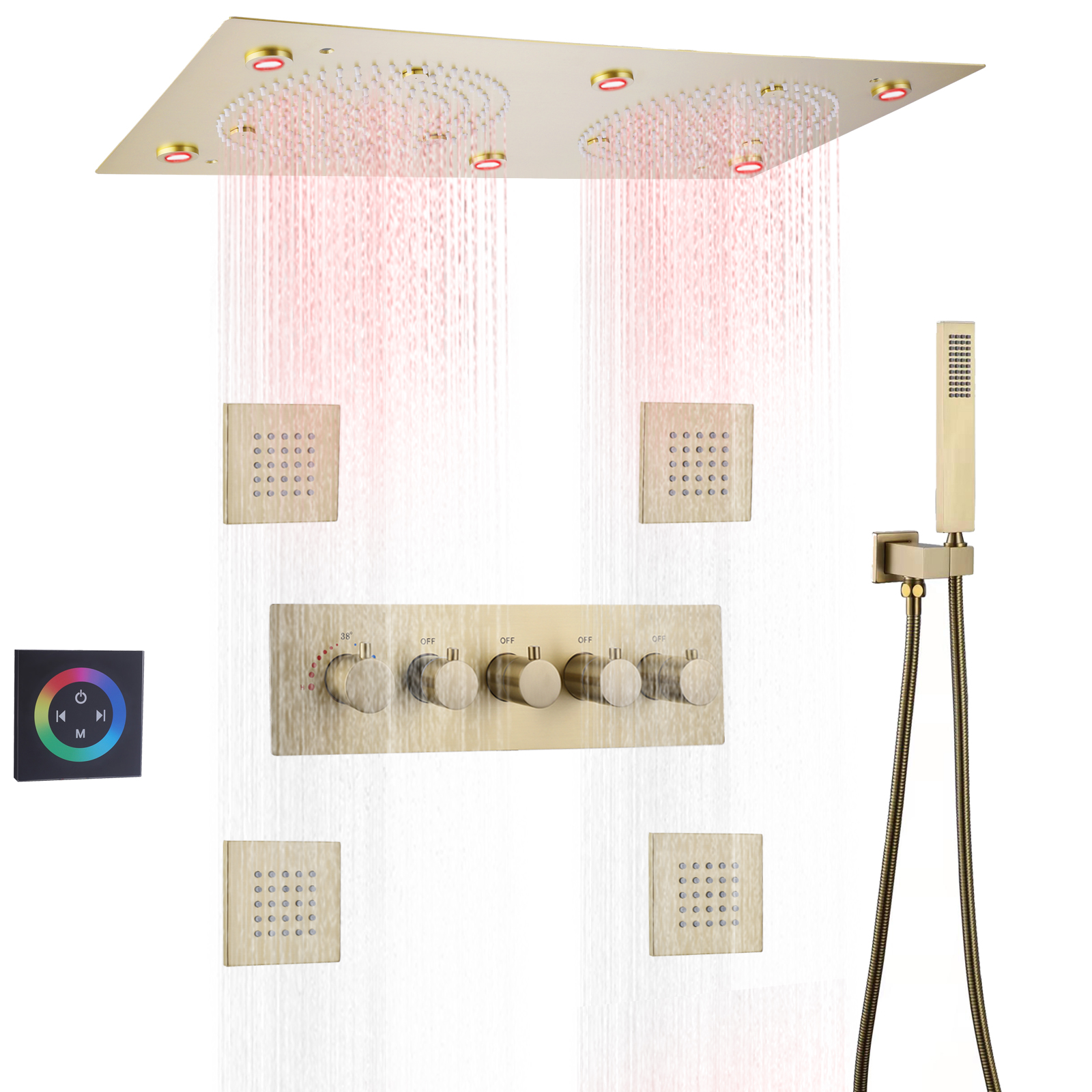 مجموعة نظام الدش LED باللون الذهبي المصقول، رأس تدليك دش مطري للحمام