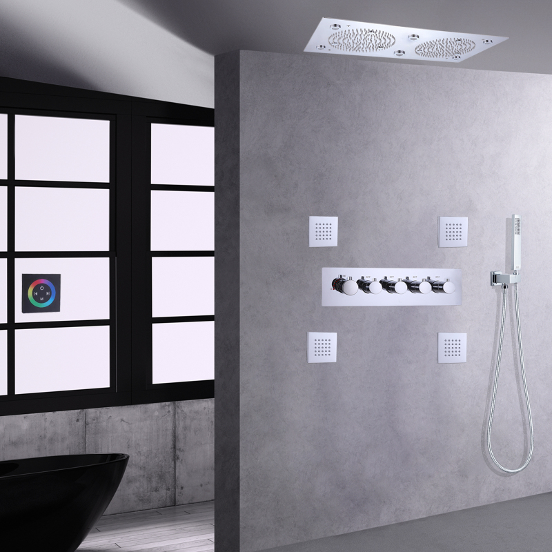 مجموعة دش حمام مصقول بالكروم مقاس 24 × 12 بوصة، خلاط دش مخفي LED للحمام ترموستاتي متعدد الوظائف