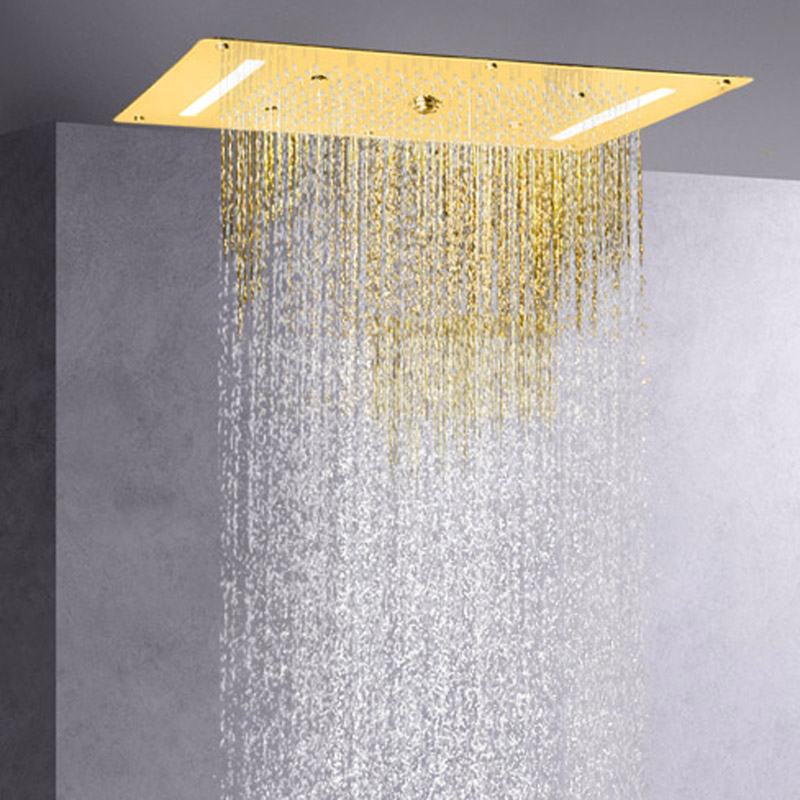 رأس دش مصقول ذهبي 70 × 38 سم LED حمام شلال هطول الأمطار دش تدليك الفقاعات