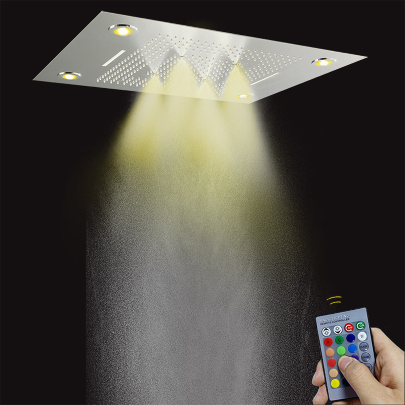 رأس دش الحمام متعدد الوظائف مقاس 80 × 60 سم من الكروم المصقول مع لوحة التحكم عن بعد LED وشلال المطر الفقاعي
