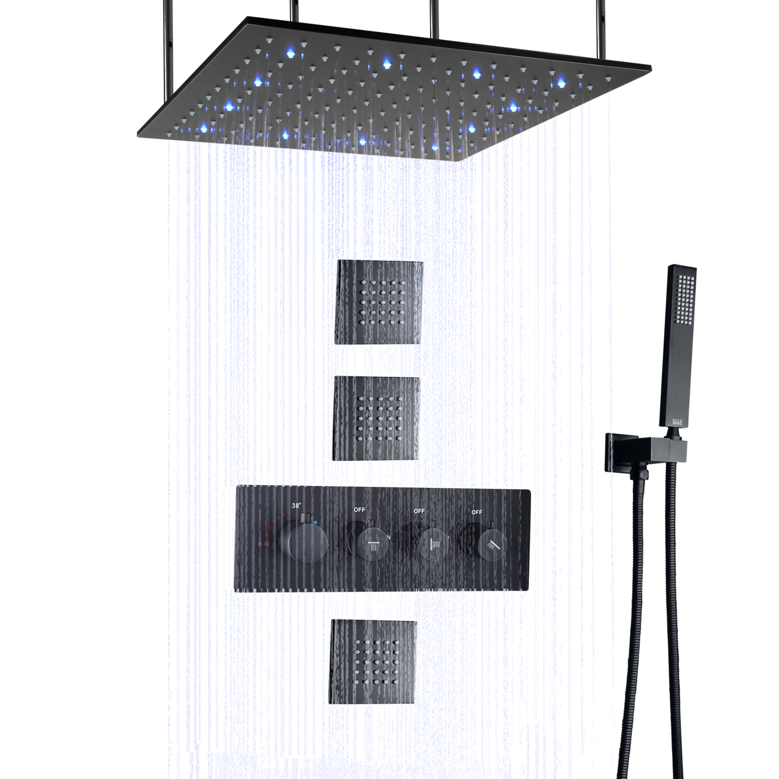 خلاط دش LED للحمام باللون الأسود غير اللامع مثبت على الحائط وتدليك الأمطار ولوحة دش محمولة باليد