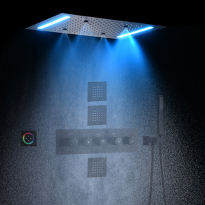 مجموعة كومبو للاستحمام باللون الأسود غير اللامع مقاس 14 × 20 بوصة رأس دش LED من النحاس دش ضباب ثرموستاتي