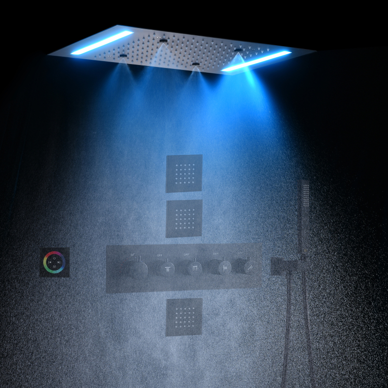 مجموعة كومبو للاستحمام باللون الأسود غير اللامع مقاس 14 × 20 بوصة رأس دش LED من النحاس دش ضباب ثرموستاتي
