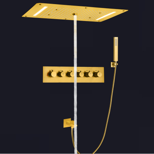 نظام دش ذهبي مصقول ترموستاتي 700 × 380 مم لوحة شلال الأمطار LED تدليك مائي مع جهاز محمول باليد