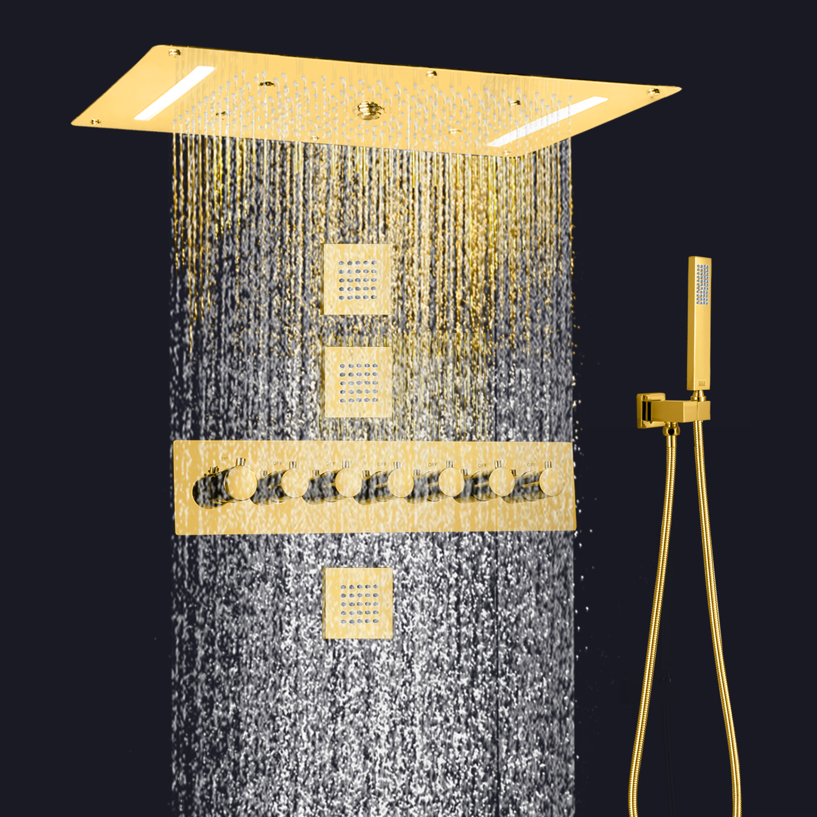 نظام دش ثرموستاتي LED فاخر 700 × 380 مم مصقول بالذهب، خلاط دش شلال الأمطار، حامل يدوي