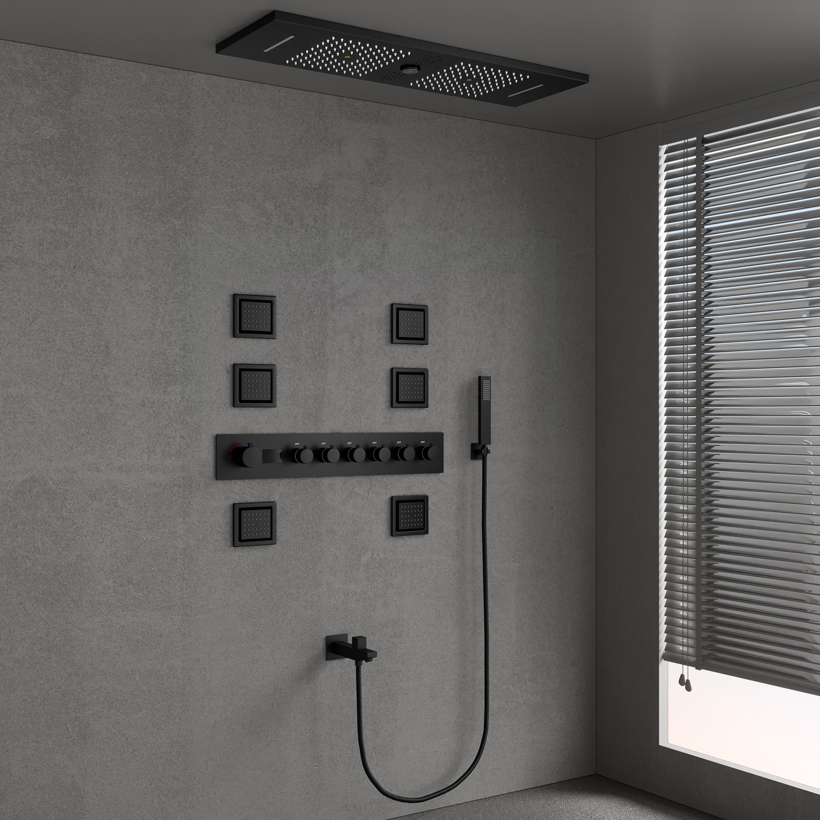 نظام صمام الدش LED للموسيقى باللون الأسود غير اللامع مقاس 900 × 300 مم مقسم إلى مجموعة دش مخفية